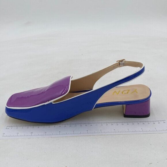 YDN Blue and Purple Closed Square Toe Block Low Heels Slingback Loafer Shoes - Picture 2 of 8